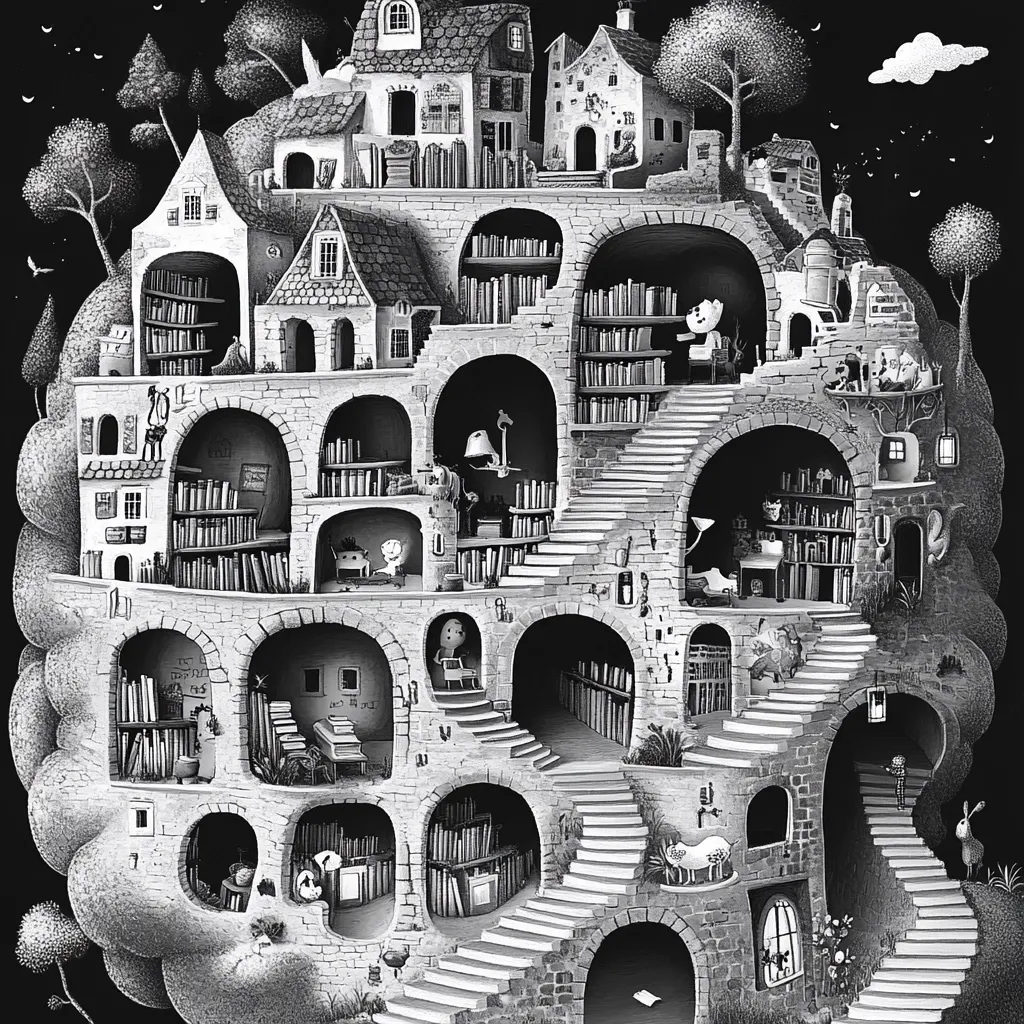 A whimsical black and white illustration depicts a hill-like structure teeming with books.  Multiple levels of arched alcoves, each filled with bookshelves and tiny inhabitants, spiral upwards.  Small houses and buildings crown the top, creating a charming, fantastical library town. Winding staircases connect the various levels, adding to the intricate and enchanting design.  The overall style is reminiscent of a children's book illustration.