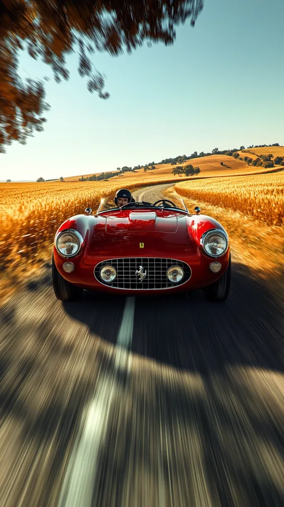 A classic red Ferrari roadster speeds down a country road, flanked by golden wheat fields under a bright blue sky.  The driver, wearing a helmet, is partially visible.  The motion blur emphasizes the car's speed and the idyllic rural setting. The scene evokes a sense of freedom and classic automotive beauty.