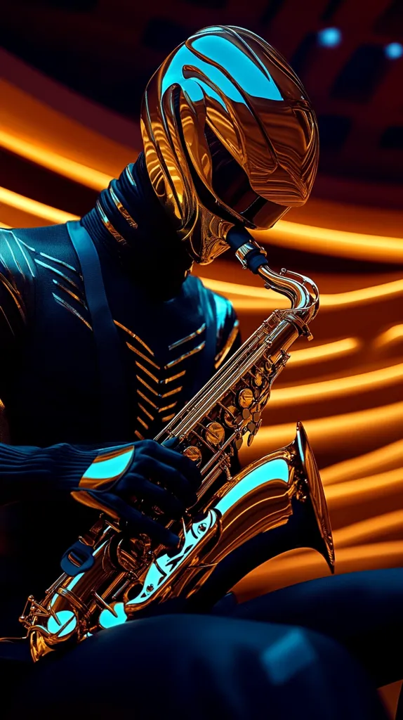 A stylized figure, clad in a sleek, dark bodysuit with gold accents and a reflective helmet, plays a gleaming saxophone.  The warm, orange-hued background contrasts with the cool tones of the metallic costume and instrument, creating a dramatic and futuristic atmosphere. The image evokes a sense of both musical performance and technological advancement.