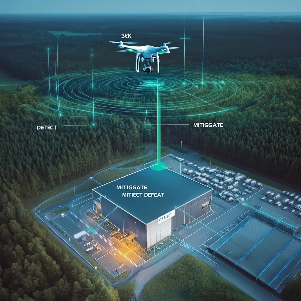 An aerial view showcases a drone surveilling a large industrial building nestled within a forest.  The drone's detection system, represented by concentric green circles, identifies a potential threat.  A laser beam targets the building, indicating a mitigation strategy labeled "Mitigate Mitiect Defeat." The image highlights a comprehensive security system combining aerial surveillance and ground-based countermeasures.