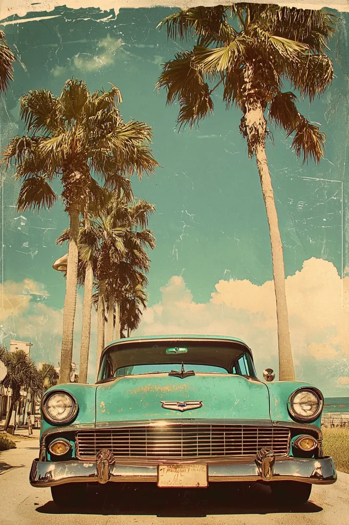 A vintage teal car sits center frame, parked on a sun-drenched street lined with palm trees.  The image has a nostalgic, faded aesthetic, suggesting a classic beach scene. The car's slightly weathered appearance adds to the vintage feel.  The sky is a soft blue, and a hint of ocean is visible in the background. The overall impression is one of relaxed, carefree summer days.
