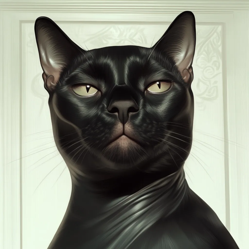 A close-up portrait of a sleek black cat, its expression serious and intense.  The cat's fur is meticulously rendered, highlighting its texture and shine.  Its amber eyes are striking against its dark coat.  The background is a muted, off-white, suggesting a classic or formal setting. The overall style is realistic, with a painterly quality.