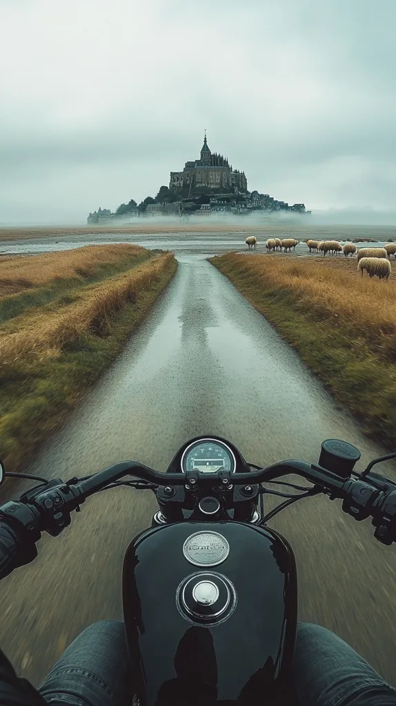 A first-person view from a motorcycle riding down a wet, narrow road.  In the distance, Mont Saint-Michel rises majestically from the misty sea, a flock of sheep grazing peacefully in the foreground. The overcast sky and the reflective water create a moody, atmospheric scene.  The journey is serene and captivating, the medieval castle a striking backdrop.