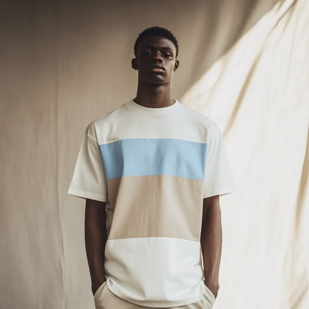A young Black man models a stylish, oversized white t-shirt featuring horizontal bands of light blue and beige.  The relaxed fit and color blocking create a contemporary and effortlessly cool look. He stands against a neutral backdrop, his hands in his pockets, showcasing the garment's simple yet impactful design.