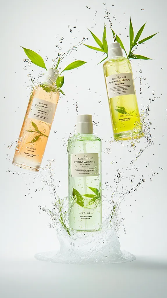 Three bottles of tea-infused skincare products are showcased amidst a splash of water.  Bamboo leaves accentuate the natural theme. The bottles, in varying shades of green and amber, feature minimalist labels with product information. The image emphasizes freshness and hydration, likely promoting the cleansing or toning qualities of the products. The overall aesthetic is clean, sophisticated, and nature-inspired.