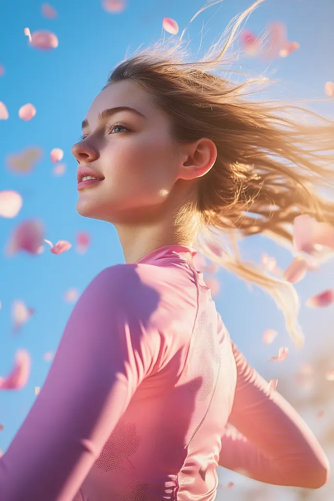 A young woman with long, flowing blonde hair stands against a bright blue sky, surrounded by falling pink petals.  She's wearing a pale pink, long-sleeved top. Her face is turned towards the sky, expressing serenity and joy. The overall image conveys a feeling of lightness, freedom, and springtime beauty.