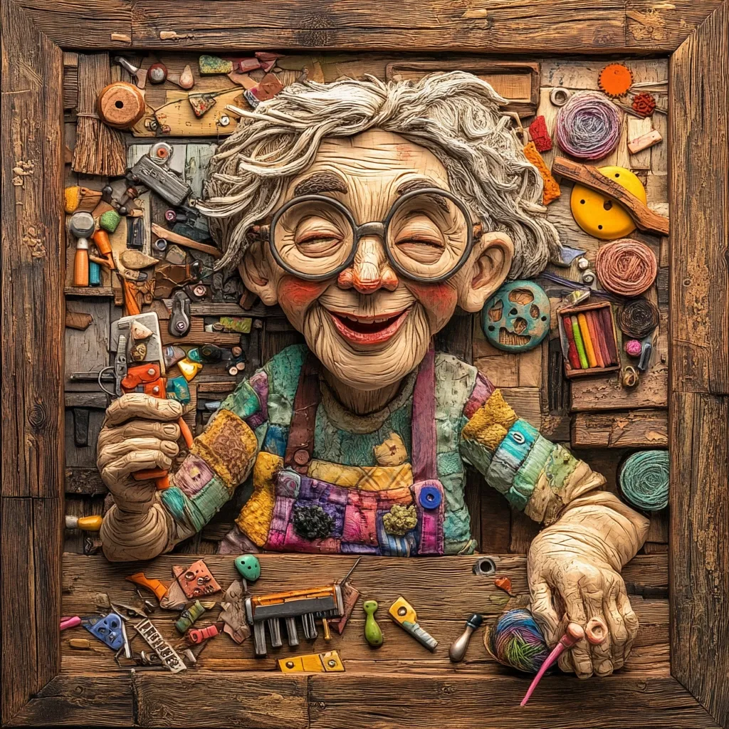 A cheerful, elderly woman, depicted in a whimsical, three-dimensional artwork, sits amidst a vibrant collection of crafting tools and materials.  Her patched overalls and joyful expression suggest a life filled with creativity and contentment. The detailed wooden frame and textured surface enhance the artwork's charm and handcrafted aesthetic.  The scene is a delightful portrayal of a skilled artisan surrounded by their beloved work.