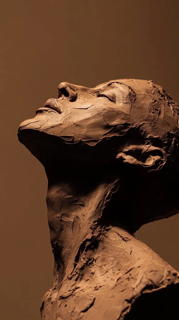 A close-up view of a clay sculpture depicting a human head and torso, tilted back with eyes closed.  The texture of the clay is rough and expressive, showing visible brushstrokes and modeling. The sculpture's pose suggests serenity or contemplation. The warm brown tones of the clay are highlighted by the subtle lighting, creating depth and shadow.