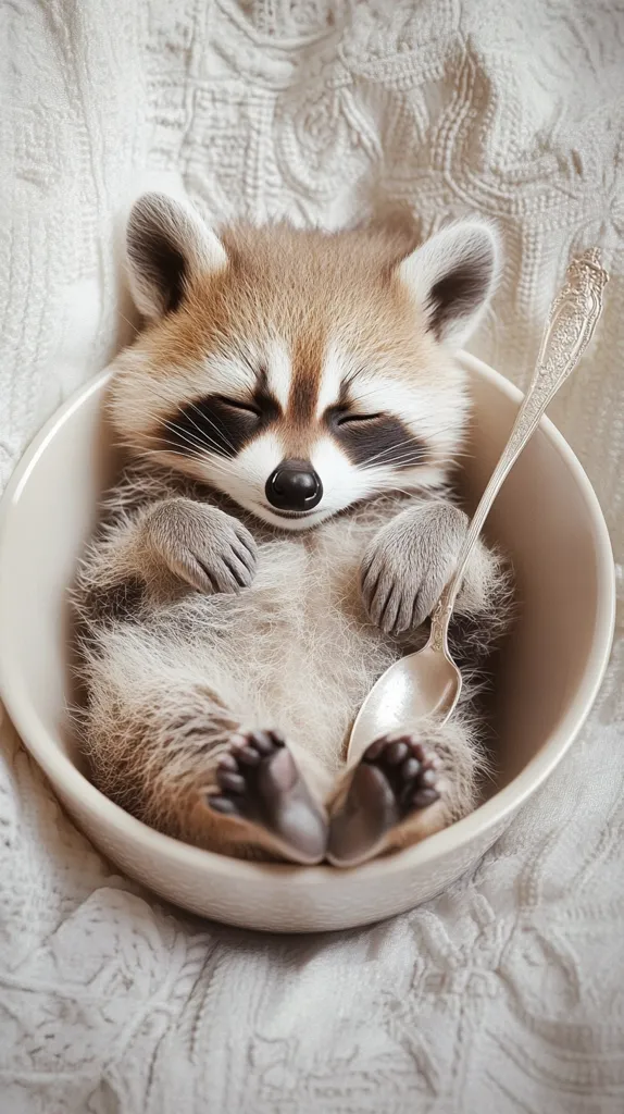 A tiny, adorable baby raccoon is nestled comfortably in a cream-colored bowl.  Its eyes are closed, and it's curled up in a peaceful sleep. An ornate silver spoon rests beside the sleeping raccoon. The bowl sits on a soft, textured white blanket. The overall scene is serene and evokes feelings of warmth and comfort.