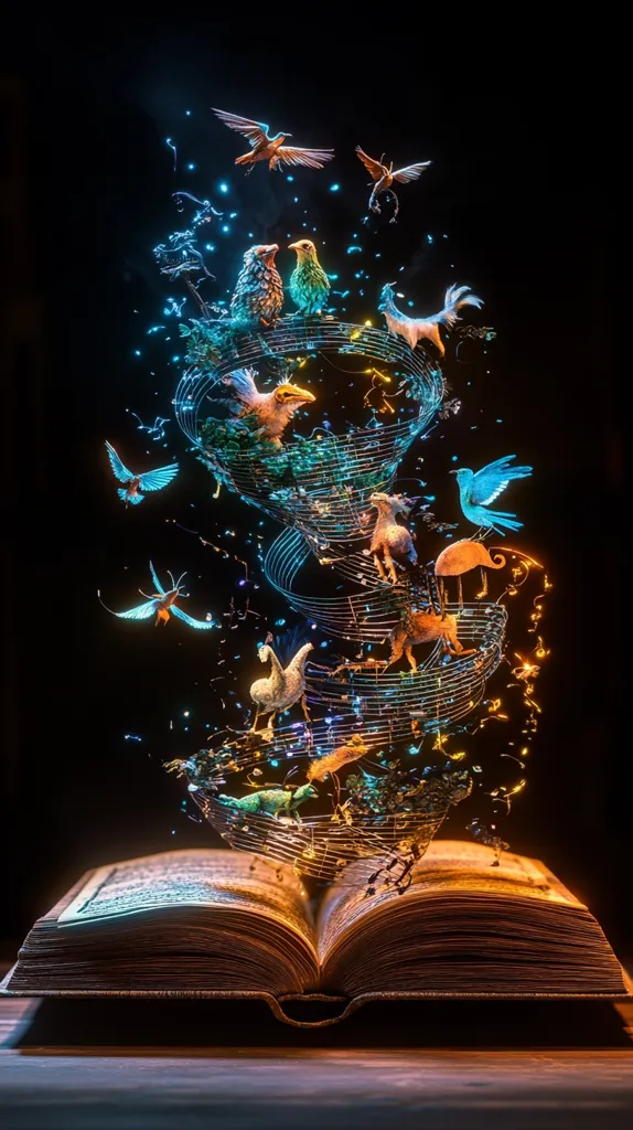 A fantastical image depicts an open antique book from which vibrant, glowing birds and creatures emerge.  They swirl in a kinetic, musical-score-like cage of light and energy.  Sparklers and particles add to the magical, surreal effect, suggesting a portal or enchanted story unfolding from the book's pages. The dark background emphasizes the luminescent display.