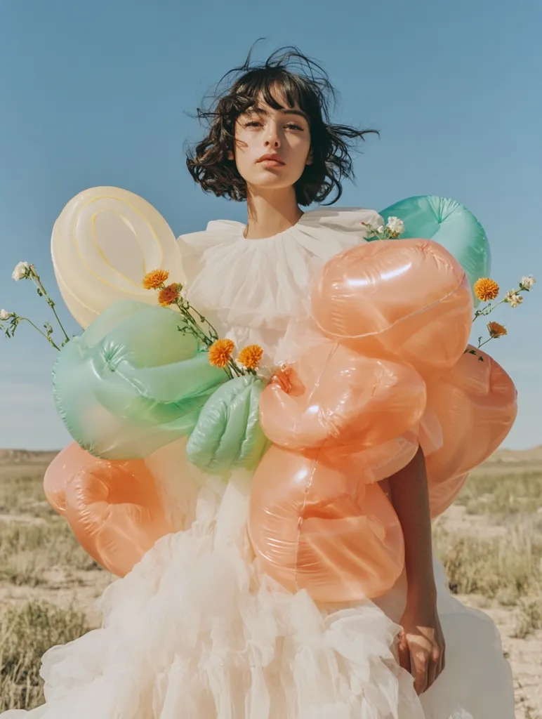 A young woman with short, dark hair wears a flowing, white ruffled dress.  She's surrounded by pastel-colored balloons in shades of peach and mint green, adorned with small wildflowers. The setting appears to be a desert landscape under a clear blue sky, creating a whimsical and surreal contrast. The image has a dreamy, ethereal quality.