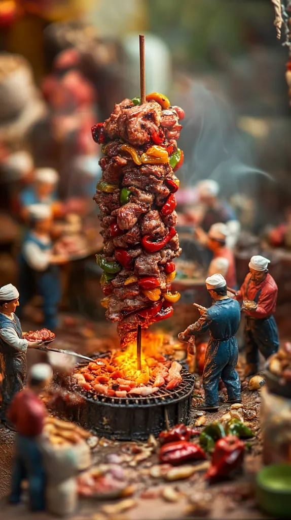 A miniature scene depicts a bustling outdoor food market.  The focal point is a large skewer of grilled meat and peppers roasting over an open fire.  Tiny figurines of chefs and market workers surround the grill, adding to the lively atmosphere.  The detailed scene captures the essence of a vibrant street food experience.  Smoke rises from the sizzling meat, enhancing the sense of realism.