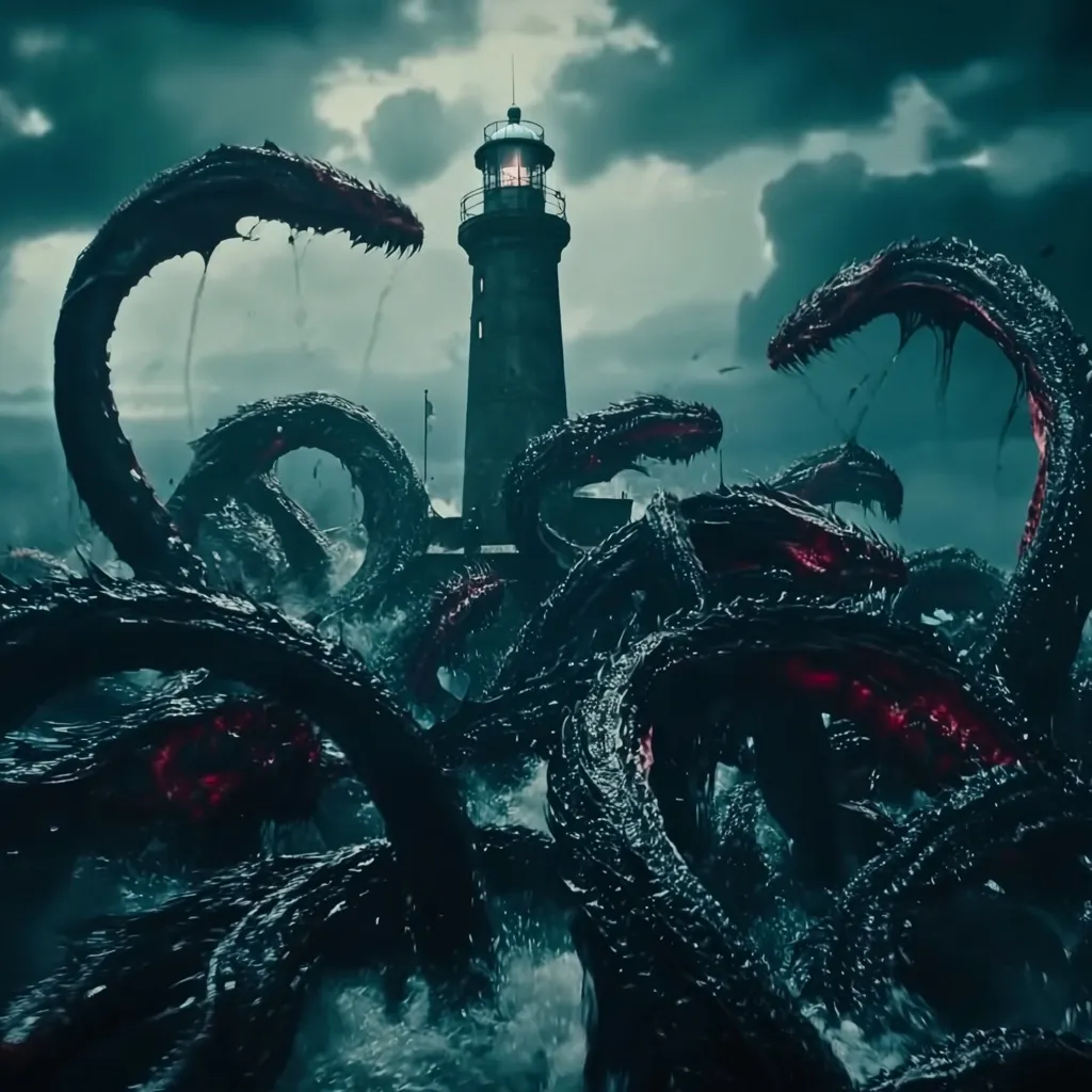 A stormy sea scene depicts a lighthouse under attack by a colossal, multi-headed sea monster.  The creature's dark, serpentine bodies writhe in the turbulent waves, their glowing red undersides visible amidst the churning water. The lighthouse, a beacon of light in the ominous darkness, stands defiantly against the monstrous threat.  The overall atmosphere is one of impending doom and intense struggle.