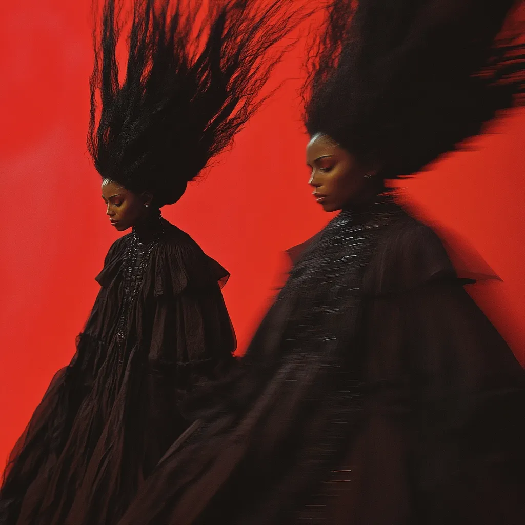 Two Black women with long, flowing hair wear identical black, flowing gowns against a vibrant red backdrop.  Their hair appears motion-blurred, creating a dynamic and ethereal effect. The image conveys a sense of mystery and power, emphasizing the women's elegance and striking presence. The contrast between the black clothing and the red background is visually striking.