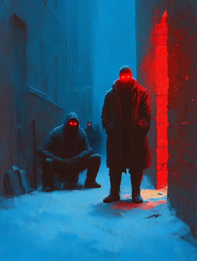 A digital painting depicts a shadowy, ominous scene. Three figures with glowing red eyes stand in a narrow, snow-covered alleyway bathed in cool blue light.  A red-lit doorway casts a warm contrast against the cold tones. The figures are cloaked and hooded, creating a sense of mystery and foreboding.  The overall atmosphere is dark, suspenseful, and slightly surreal.