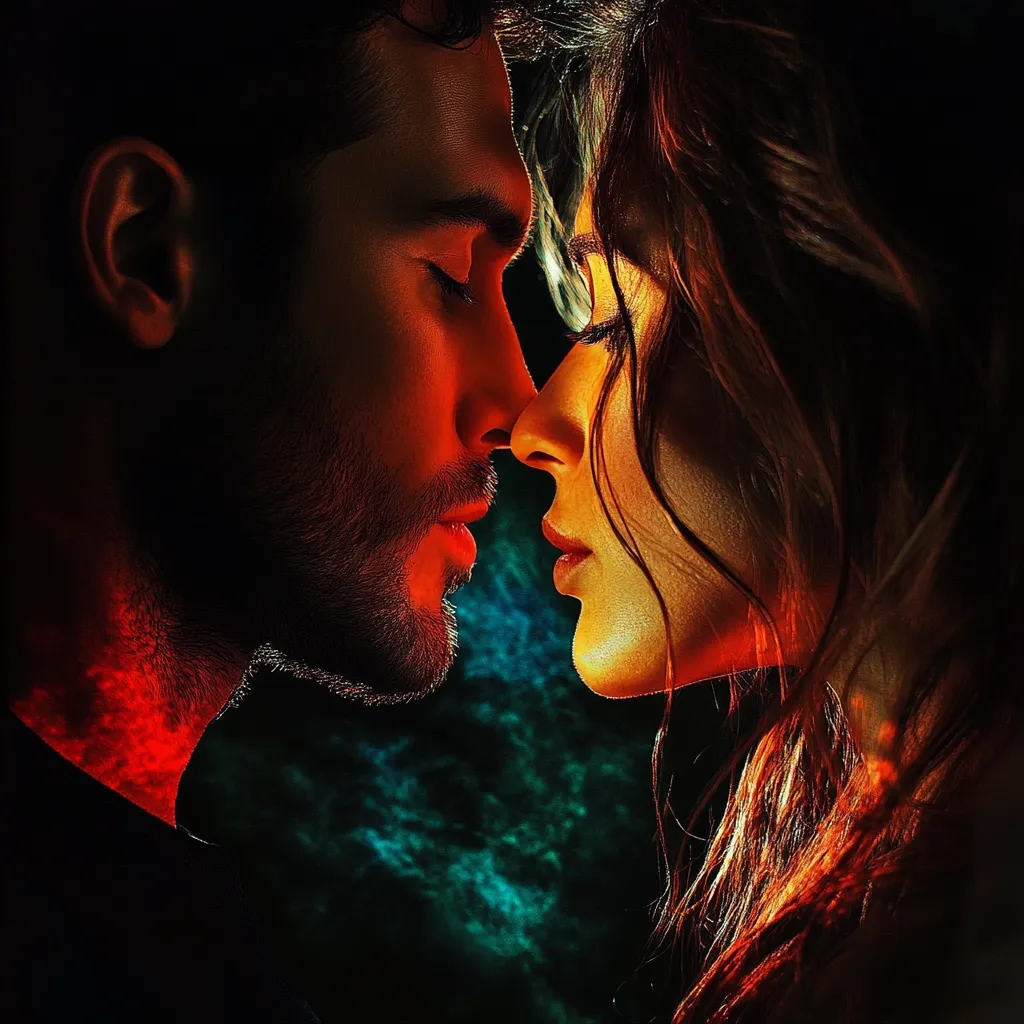 A close-up shot captures a passionate moment between a man and a woman, their faces inches apart, eyes closed, poised for a kiss.  The dramatic lighting casts warm, reddish hues on their skin, contrasting against a dark, moody teal and black background.  Their features are sharply defined, highlighting the intensity of their connection. The image evokes a sense of intimacy and romantic longing.
