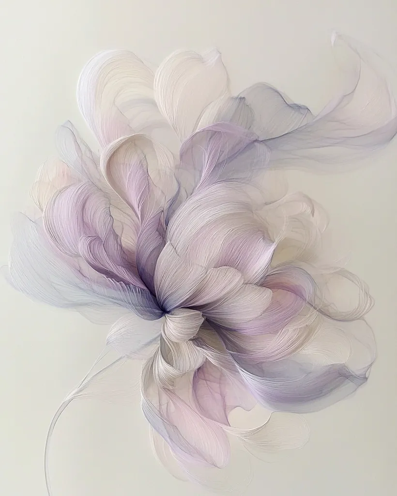 A delicate, ethereal floral artwork is presented.  The piece depicts a stylized flower with numerous translucent petals in soft lavender and cream hues.  The petals are intricately layered and appear almost weightless, creating a sense of movement and fluidity. The overall effect is serene and dreamlike, evoking a feeling of gentle beauty.  The background is a muted, creamy off-white, enhancing the flower's delicate coloring.