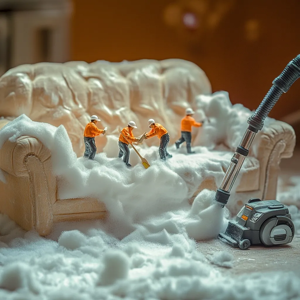 Miniature figures, resembling cleaning workers in orange overalls and hard hats, are meticulously removing a large amount of white powder from an off-white couch.  A miniature vacuum cleaner is positioned nearby, suggesting a thorough cleaning operation. The scene is highly detailed, creating a whimsical and surreal effect.