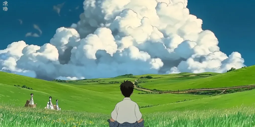 A young boy sits in a lush green field, gazing at a dramatic sky filled with large, fluffy cumulus clouds. In the distance, a wooden bridge spans a valley.  Several figures are visible in the distance, appearing small against the vastness of the landscape. The scene evokes a feeling of peace and tranquility, reminiscent of a pastoral anime setting.
