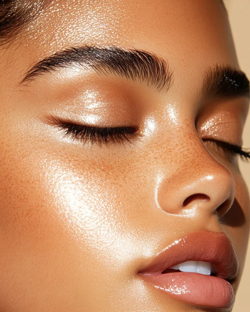 Close-up of a woman's face showcasing a radiant, sun-kissed makeup look.  Her skin has a luminous, dewy finish with subtle shimmer highlighting the cheekbones and eyelids.  The eyes are softly closed, and a natural-looking brow complements the glossy, nude-toned lip color. Freckles are visible, adding to the overall natural and healthy beauty.