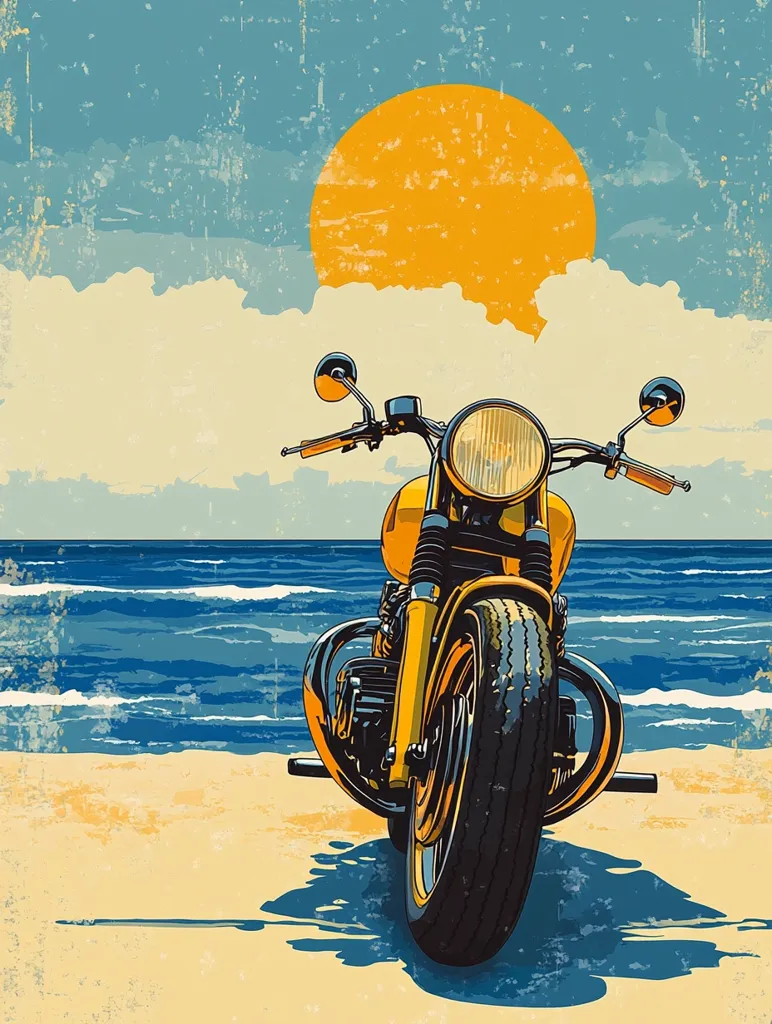 A vintage-style illustration depicts a yellow motorcycle parked on a sandy beach, facing the viewer. The ocean waves gently lap the shore under a large, bright yellow sun. The style evokes a retro poster or travel advertisement, with a distressed, textured background adding to its nostalgic charm. The scene is peaceful and evokes a sense of freedom and adventure.