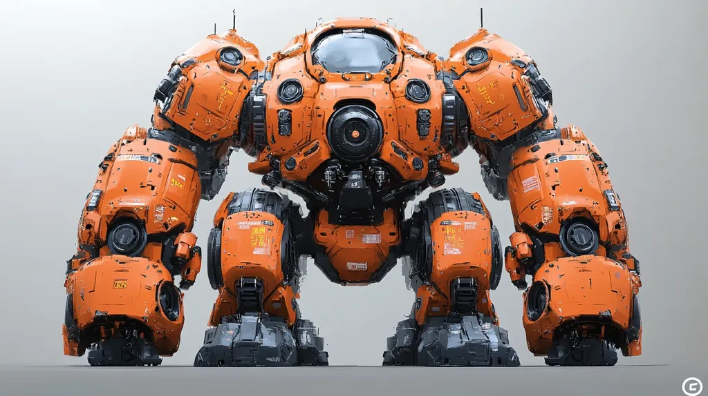 A digital rendering showcases a robust, bright orange mech.  Its design is heavily armored, with multiple layered sections and visible mechanical components.  The mech has a bulky, powerful build, featuring large, articulated limbs and a central cockpit.  The overall aesthetic suggests a blend of futuristic technology and heavy-duty construction.  The background is a simple, neutral gray.