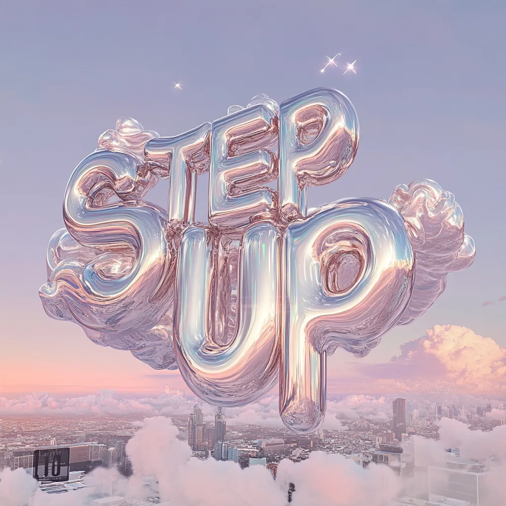 The words "STEP UP" are rendered in large, reflective, metallic letters, seemingly floating in a stylized cloud formation.  The letters have a soft, iridescent pink and silver sheen.  The backdrop shows a cityscape veiled in clouds under a pastel sky, creating a dreamy, almost surreal atmosphere.  The overall impression is one of encouragement and aspiration.