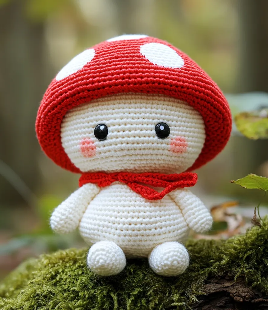 A charming amigurumi mushroom sits on moss-covered wood.  Its body is crocheted in off-white yarn, with a bright red cap featuring white polka dots.  Small, dark eyes and rosy cheeks add to its adorable expression.  A tiny red scarf completes the endearing woodland creature design.  The background is softly blurred, showcasing autumnal foliage.