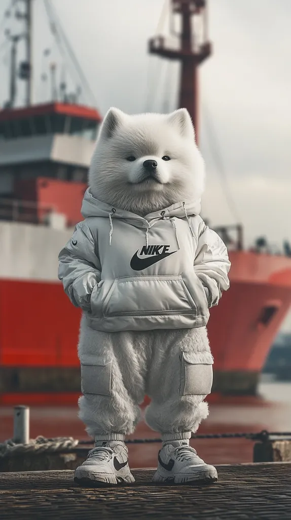 A fluffy white Samoyed dog is dressed in a stylish light grey Nike hoodie and matching pants.  The dog stands confidently on a dock, with a large red ship blurred in the background.  The outfit is complete with white Nike sneakers, creating a fashionable and humorous image. The dog's fur contrasts beautifully with the clothing.