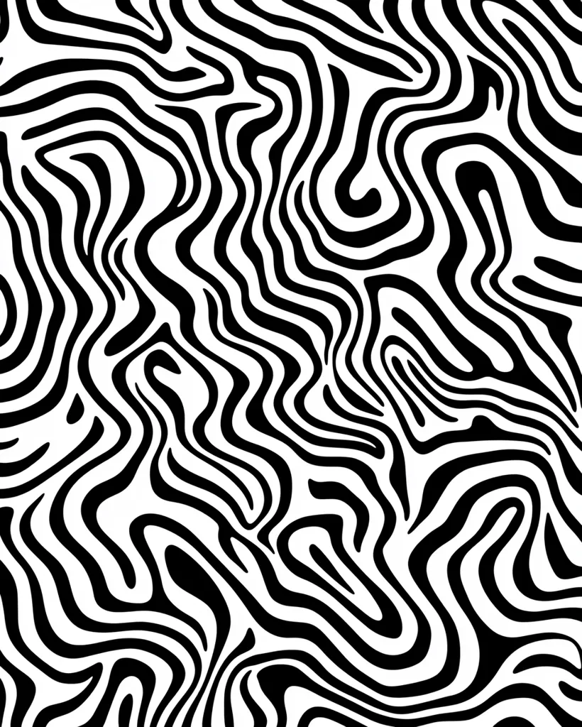The image shows an abstract pattern of black and white wavy lines.  The lines are thick and organic, creating a flowing, marbled effect. The contrast between the black and white is stark, and the lines intertwine and overlap, creating a visually complex design reminiscent of a zebra's stripes or a natural stone pattern.  The pattern is seamless and could be repeated infinitely.