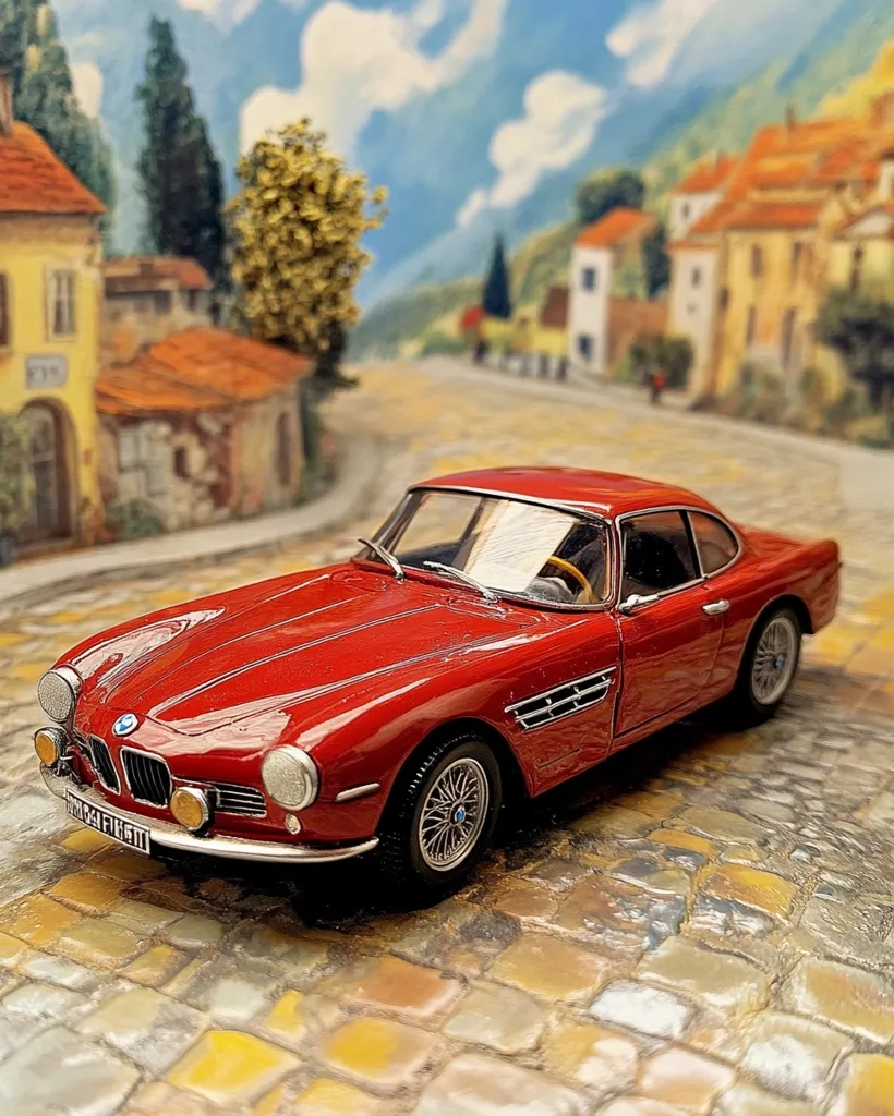 A vibrant red 1:18 scale model of a classic BMW 507 sits on a cobblestone street. The backdrop features a picturesque European village nestled in a hilly landscape under a partly cloudy sky.  The car's details are sharply rendered, showcasing its elegant design and gleaming finish. The scene evokes a sense of classic automotive charm and idyllic travel.