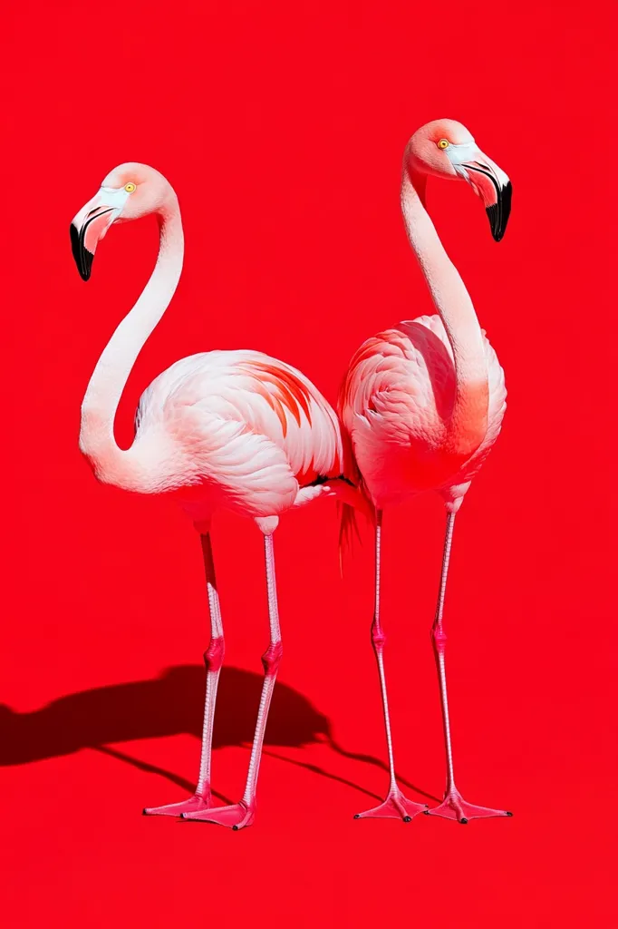 Two flamingos stand against a vibrant red background.  Their pink plumage contrasts sharply with the backdrop.  The birds are positioned close together, their long legs and elegant necks visible. The image is minimalist and striking, focusing on the birds' form and color.  Their shadows are cast on the red surface.