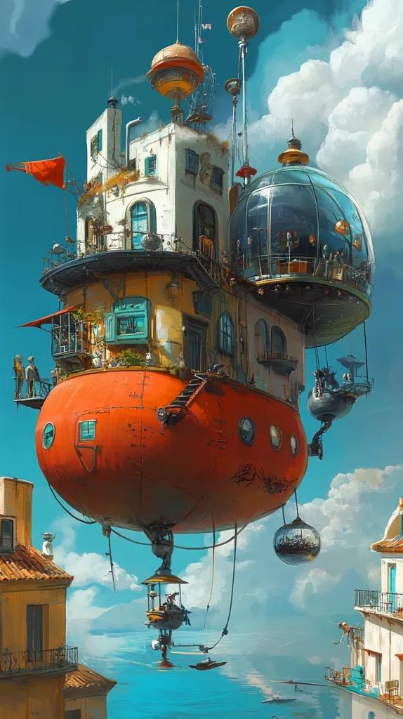 A whimsical airship, resembling a multi-story building, floats above a calm sea.  Its vibrant orange hull contrasts with the cream-colored upper structure, complete with balconies and windows.  A glass dome sits atop, and smaller gondolas hang below.  The scene is surreal, blending architectural styles with steampunk elements,  and suggesting a fantastical, floating city.  Coastal buildings line the water's edge.