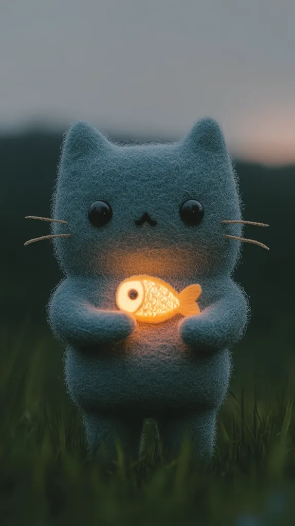 A cute, teal-colored cat-like creature, crafted from soft, fuzzy material, stands in tall grass.  Its large, expressive eyes and gentle expression are endearing.  The creature holds a small, glowing fish, its light casting a warm glow against the darkening twilight background.  The overall scene evokes feelings of warmth and tranquility.