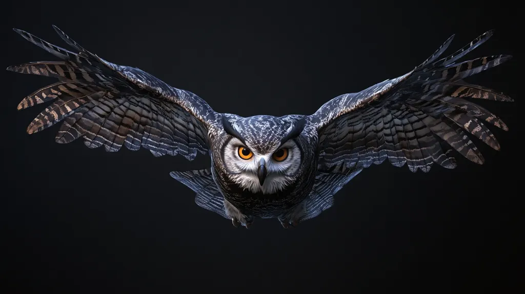 A great horned owl, in striking detail, is captured in flight against a stark black backdrop.  Its wings are fully extended, showcasing intricate feather patterns.  The owl's gaze is direct, intense, and focused on the viewer, its bright orange eyes piercing the darkness. The image is sharply defined, emphasizing the bird's powerful presence and majestic beauty.