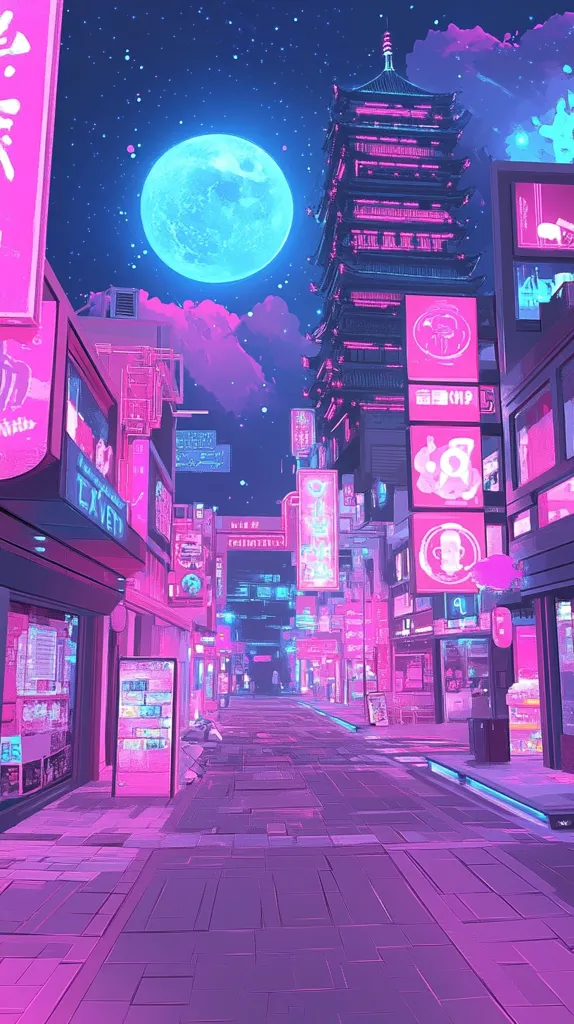 A vibrant, neon-lit cityscape at night.  Pink and purple hues dominate the scene, illuminating a street lined with shops and buildings featuring Japanese architectural elements. A large, bright blue moon hangs in the sky, adding to the surreal and dreamy atmosphere.  The style is reminiscent of anime or digital art, with a futuristic, yet traditional, aesthetic.
