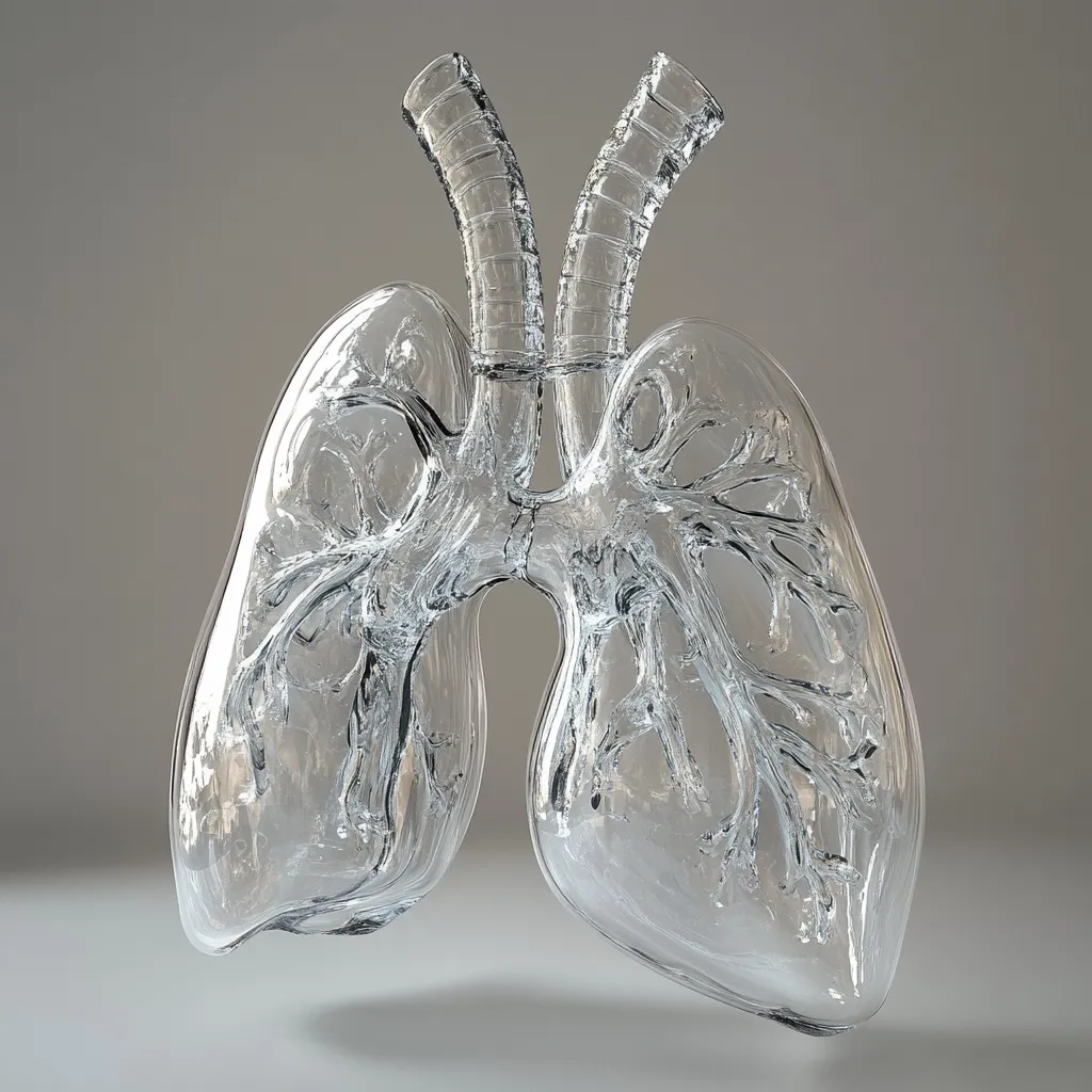A detailed 3D rendering showcases a pair of lungs meticulously crafted from transparent glass.  The intricate branching of the bronchioles and alveoli is clearly visible within the glassy structure, providing a striking representation of the respiratory system's delicate anatomy.  The model is presented against a neutral grey background, highlighting the glass's translucency and the complexity of the internal design.