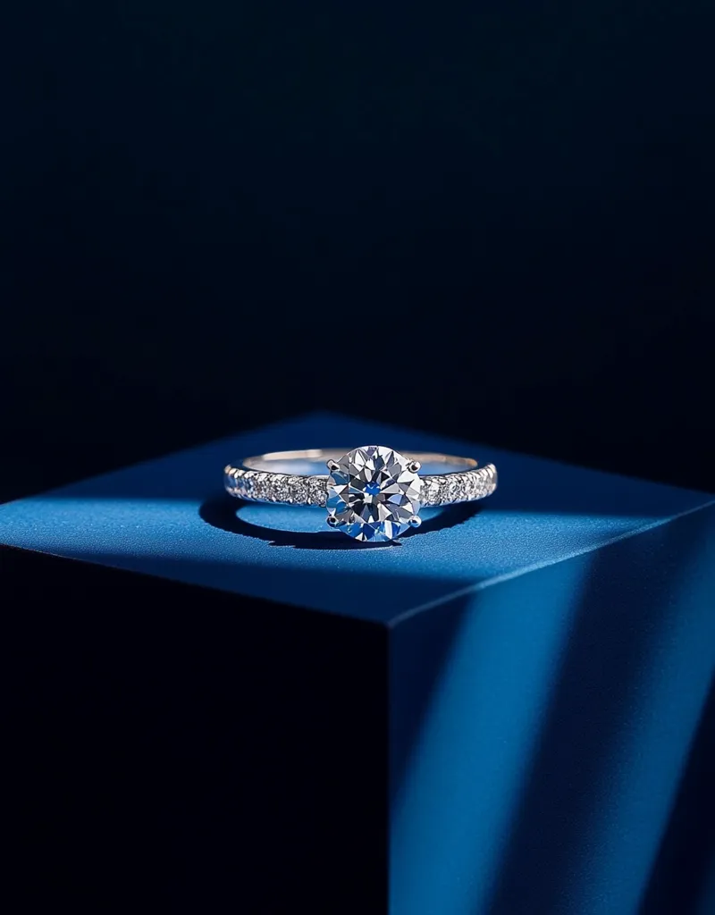 A solitaire diamond ring rests on a dark blue cube.  The ring features a large, brilliant-cut diamond center stone surrounded by a delicate band of smaller diamonds.  The dramatic lighting and deep blue background highlight the sparkle and elegance of the jewelry. The image is clean, modern, and focuses on showcasing the ring's beauty.
