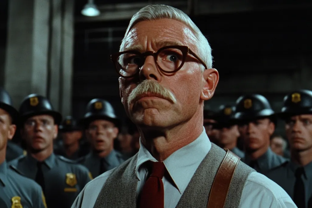 A close-up shot of an older man with glasses and a prominent mustache, dressed in a light-colored shirt and vest with suspenders.  He appears to be a supervisor or official, observing a line of uniformed officers behind him. The setting is dimly lit, suggesting an institutional or governmental environment. The man's expression is serious and slightly apprehensive.