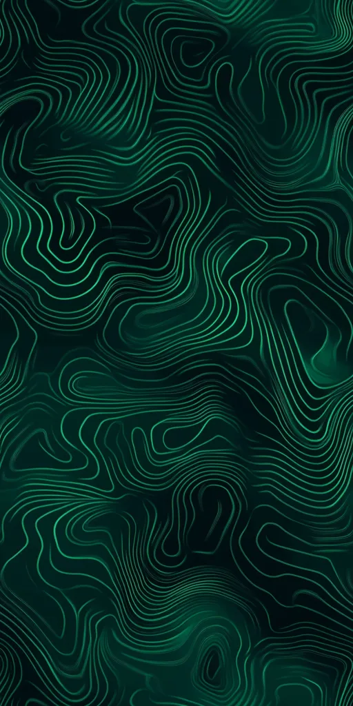The image showcases an abstract pattern of flowing, intertwining teal lines on a dark green background.  The lines create a hypnotic, three-dimensional effect resembling a topographical map or swirling liquid.  The dark color palette adds a sense of depth and mystery to the design. The overall aesthetic is modern and sophisticated.