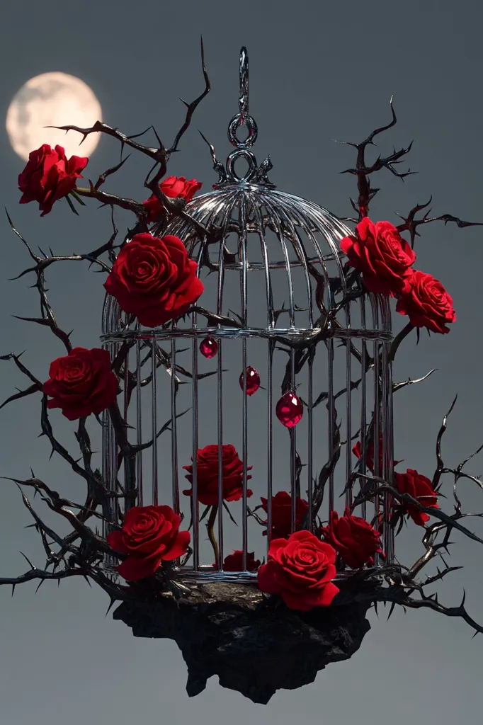 A silver birdcage hangs suspended, encircled by thorny branches adorned with deep red roses.  The cage contains additional roses, and three crimson gems dangle beneath. A full moon illuminates the scene against a muted gray sky, creating a dramatic and slightly gothic aesthetic. The overall effect is one of romantic mystery and confinement.