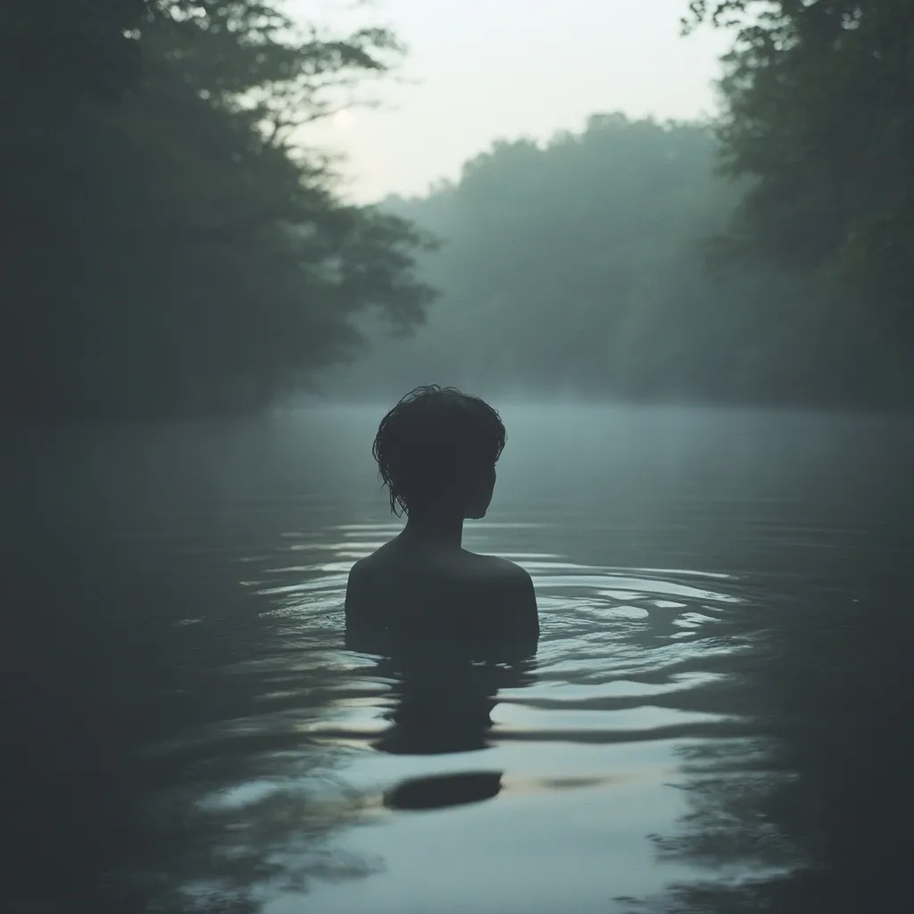 A solitary figure, silhouetted against a misty dawn, sits submerged in a calm, dark river.  The person's back is to the camera, their gaze directed towards a tranquil, fog-shrouded forest. The overall mood is serene and slightly mysterious, emphasizing the quiet solitude of the scene.  The water is still, reflecting the muted colors of the pre-dawn light.