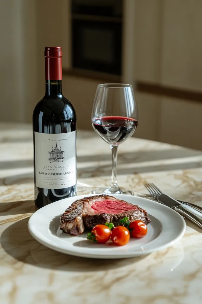 A perfectly cooked slice of prime rib rests on a white plate, garnished with cherry tomatoes.  A glass of red wine sits beside it, alongside a bottle of  "Latte Refe Ripe La Molle" wine.  The elegant setting suggests a fine dining experience, with sunlight illuminating the marble table. Cutlery is subtly placed nearby, completing the image.