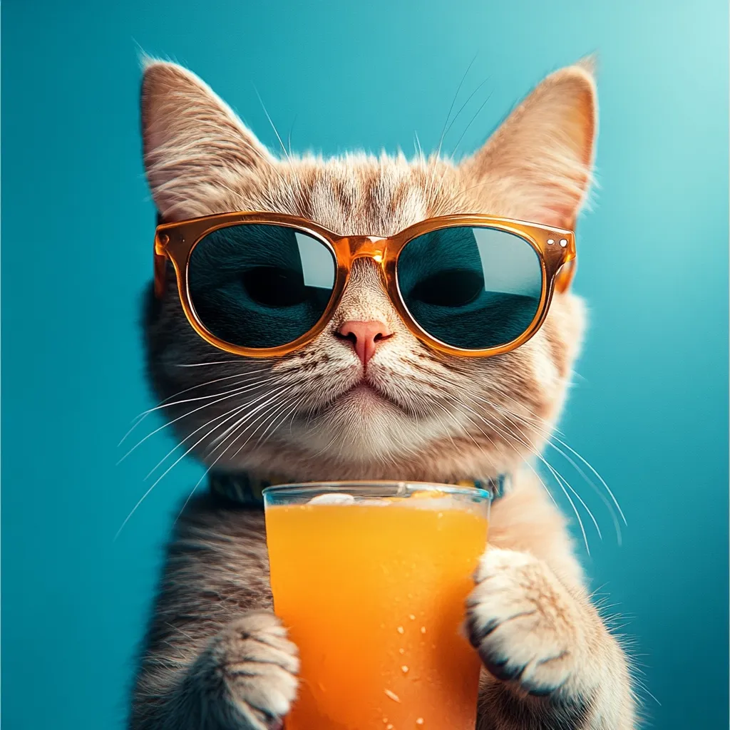 A cute ginger kitten, wearing stylish amber sunglasses, holds a glass of orange juice.  The cat's expression is one of cool contentment, posed against a vibrant teal background.  The image is bright, cheerful, and conveys a summery vibe. The overall effect is humorous and appealing.