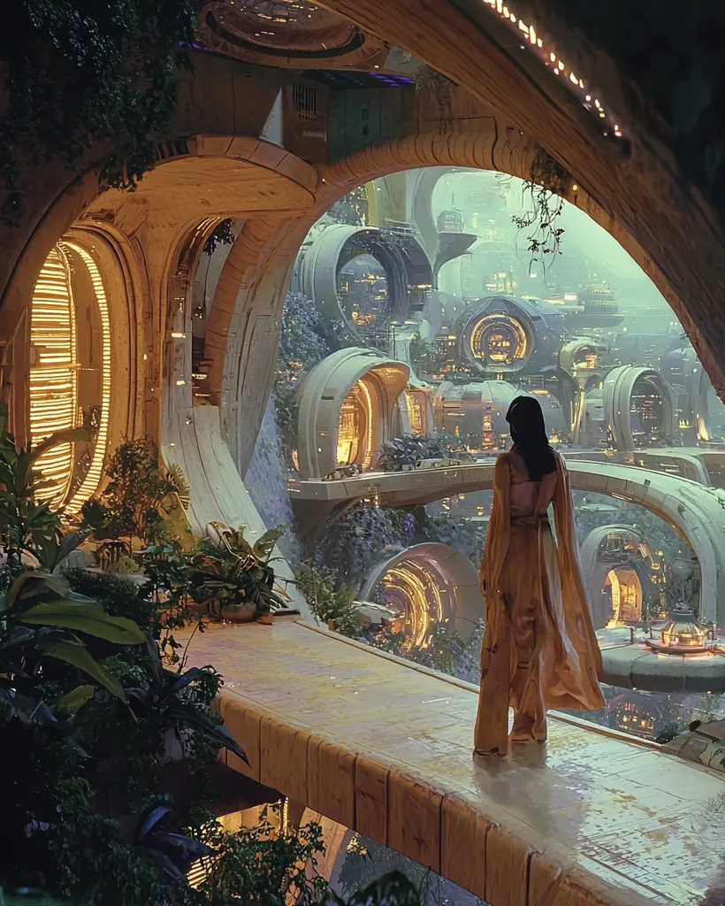 A woman in a flowing gold gown stands on a balcony overlooking a futuristic city nestled within a lush, bioluminescent landscape.  The architecture is organic and curved, with glowing amber accents.  Lush greenery contrasts with the sleek, technological structures of the city below, creating a harmonious blend of nature and advanced technology.  The scene evokes a sense of wonder and tranquility.