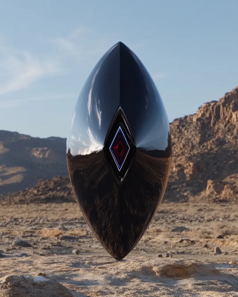 A sleek, black, teardrop-shaped object hovers above a desolate, rocky desert landscape under a clear blue sky.  The object's surface is highly polished, reflecting the sky and clouds.  A central, multifaceted, jewel-like element glows with red and blue light, adding a mysterious and futuristic quality to the scene.  The overall image evokes a sense of otherworldly presence and intrigue.