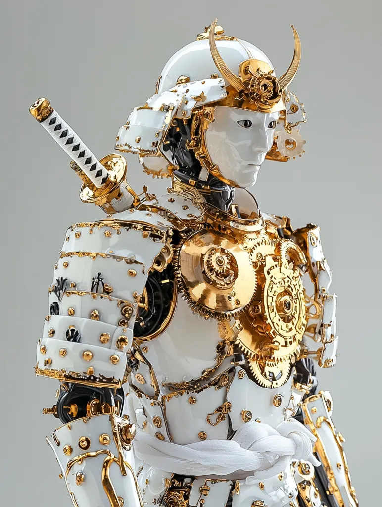 A meticulously crafted robotic samurai stands poised, its armor a stunning blend of white porcelain and gold-toned gears.  The intricate details of the samurai's helmet and ornate suit of armor are captivating. A katana rests across its back, adding to the figure's imposing yet elegant presence.  The contrast between the delicate porcelain and the complex clockwork mechanism is striking, suggesting a fusion of traditional artistry and modern technology.