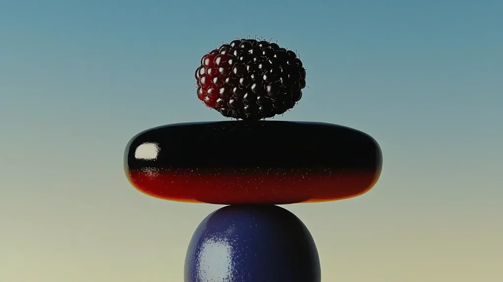 A single blackberry rests atop a glossy, dark red and black capsule, which in turn balances on a smooth, dark purple sphere.  The objects are meticulously arranged against a soft, gradient background of blue fading to yellow at the bottom, creating a visually striking and minimalist image.  The high-gloss finish of the capsule and sphere enhances the overall sense of sleekness.