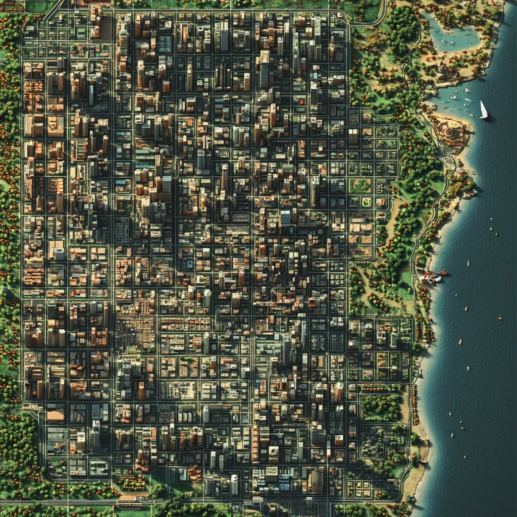 A detailed aerial view showcases a dense city grid bordered by lush green parkland and a calm, blue body of water.  Buildings vary in height and color, creating a textured urban landscape.  Roads form a complex network throughout the city, contrasting with the tranquil waterfront area where boats are sparsely visible. The image suggests a vibrant metropolis blending urban density with natural beauty.