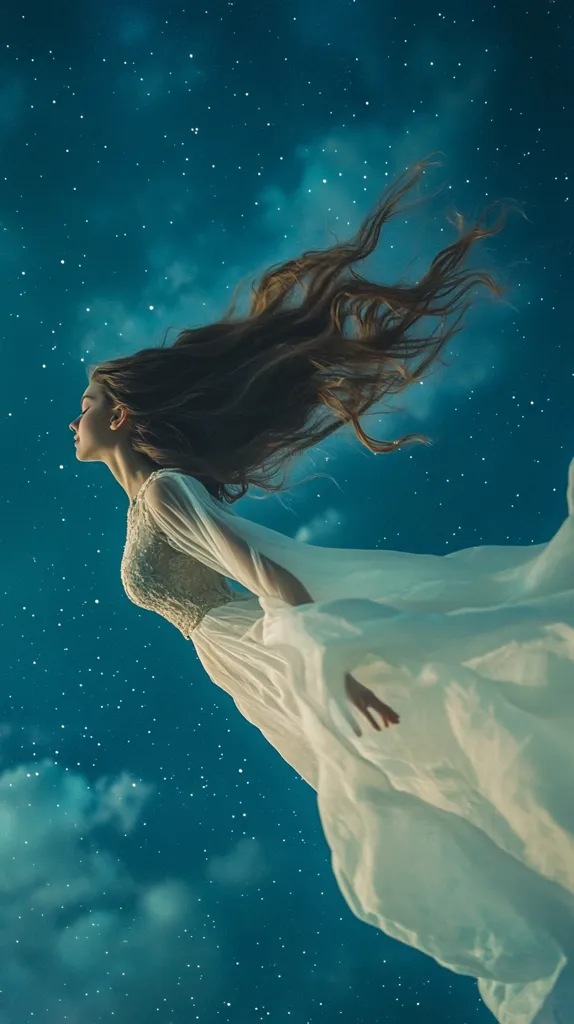 A woman with long brown hair, wearing a flowing white dress, appears to float in the night sky.  Stars and clouds create a teal backdrop. Her eyes are closed, and her pose suggests serenity and weightlessness. The image evokes a sense of fantasy and ethereal beauty. The dress billows around her, mirroring the movement of her hair.